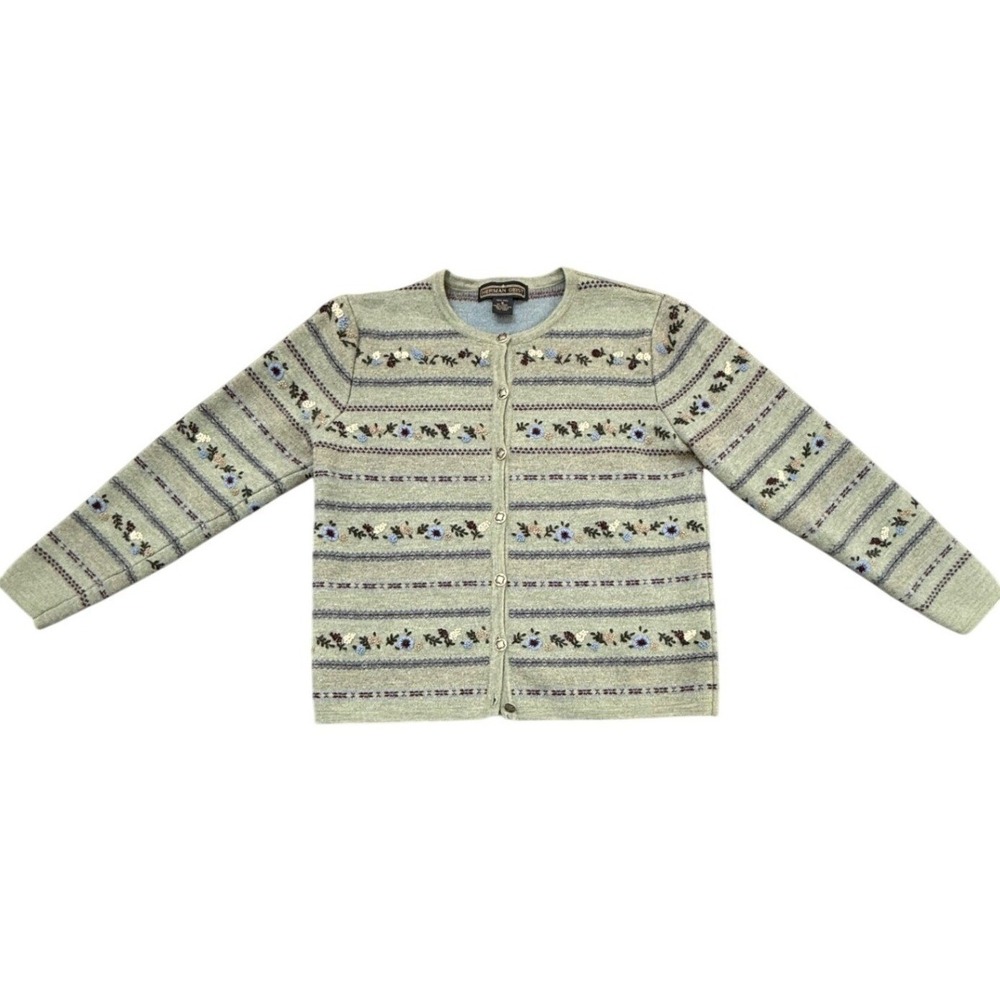 Herman Geist Womens Sage Green 100% Wool Floral Embroidered Cardigan Sweater M